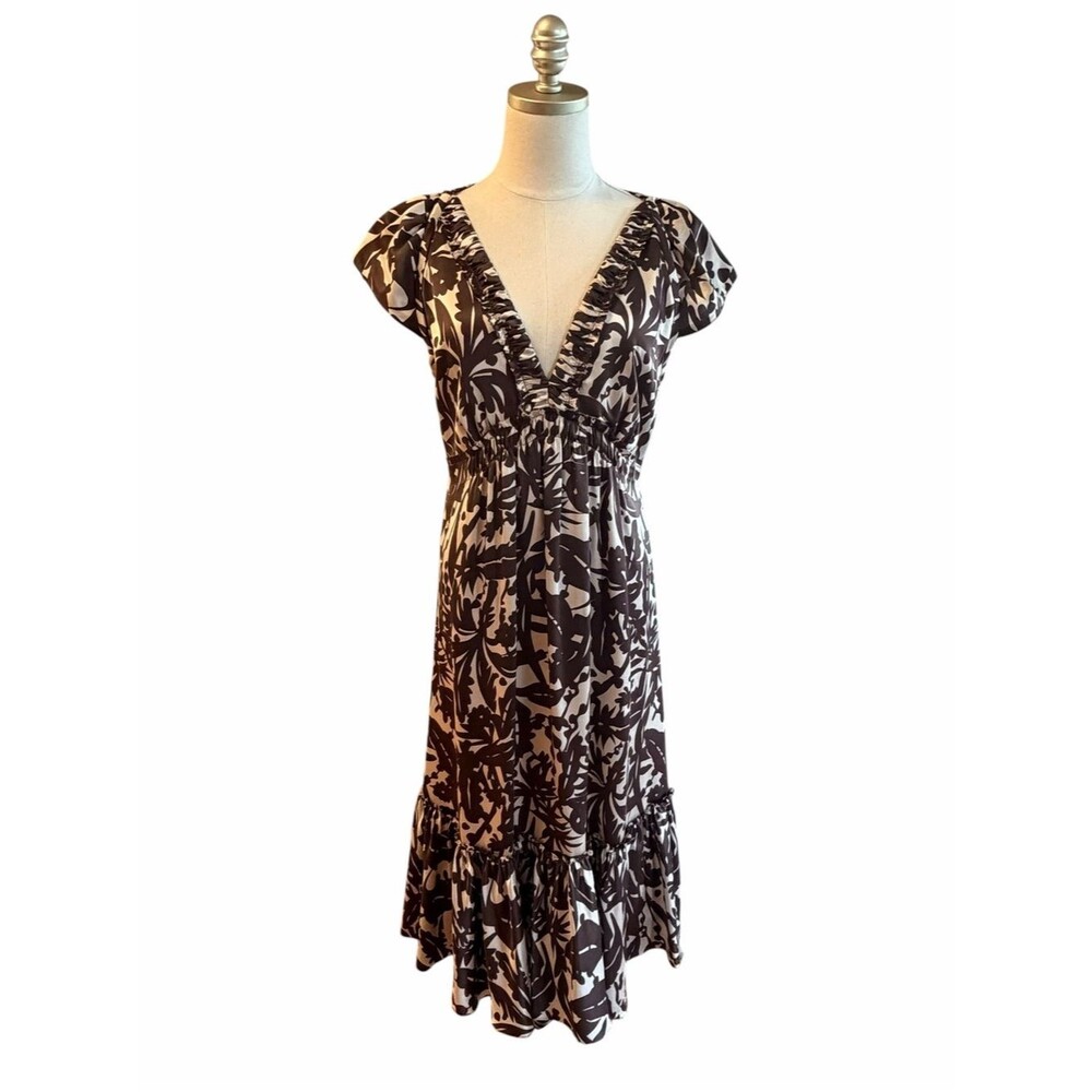 BCBG Max Azria Y2K Cottage Silk Floral Midi Dress Sz 12 Empire Waist Tiered Boho